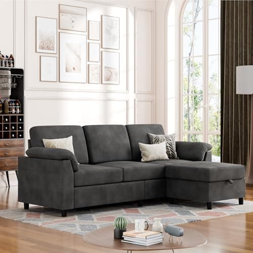 Vongrasig 3 Seat L Shaped Sofa with Removable Pillows Linen Fabric Black