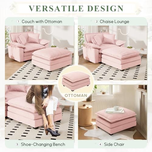 48-inch Modern Pink Chaise Lounge Sofa with Ottoman & Pillows