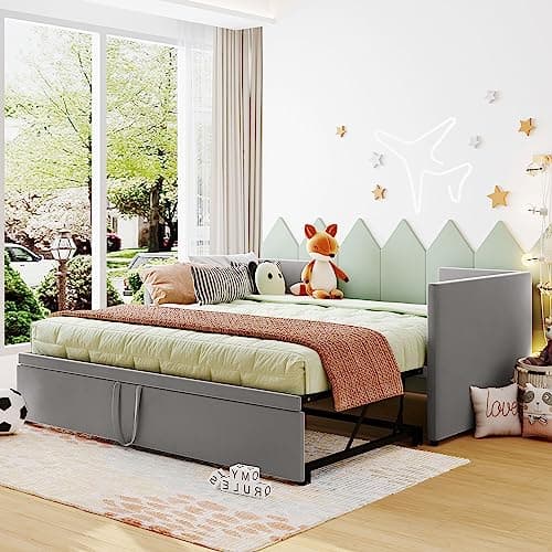 Harper & Bright Designs Grey Tufted Wood Slat Twin Daybed with Extendable Trundle