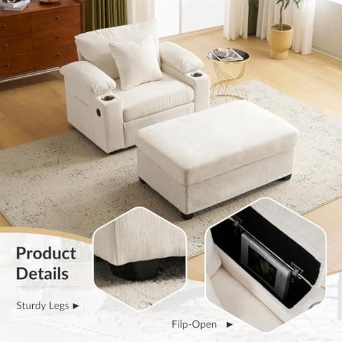 Antetek Beige Chaise Lounge Chair with Ottoman & Storage Armrest