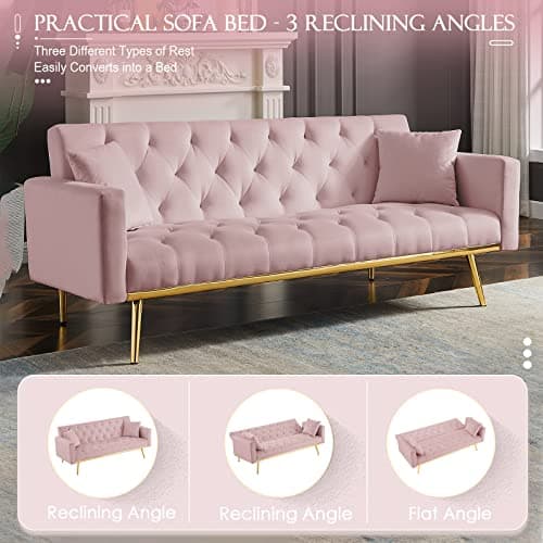 Golden Tapered Metal Legs, Pink 73-inch Reclining Velvet Futon Sofa Bed