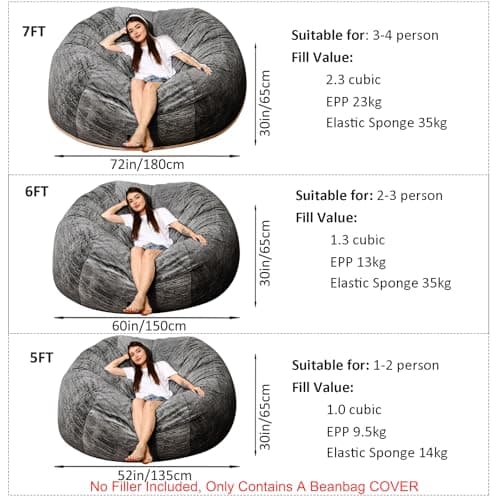 Black 7FT Adult Bean Bag Chair Cover, Stuffed Animal Storage, Comfortable for Bedroom Living Room