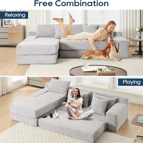 Grey 104-inch Cloud L-Shaped Foldable 3-Seater Couch Bed, Compressed Foam, Corner Lounge for Living Room