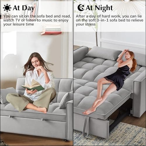 Gray Velvet 3-in-1 Convertible Sleeper Sofa Bed with Armrests, Storage Pockets & 2 Pillows for Living Room, Apartment, Bedroom, or Office
