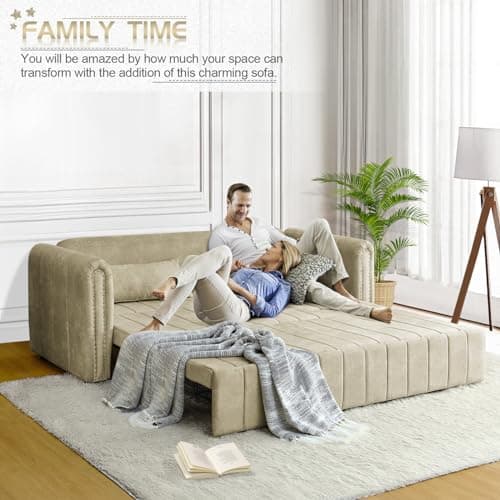 Antetek 82 Velvet Sleeper Sofa - Modern 3-Seat Couch with Pullout Bed & Pillows, Beige