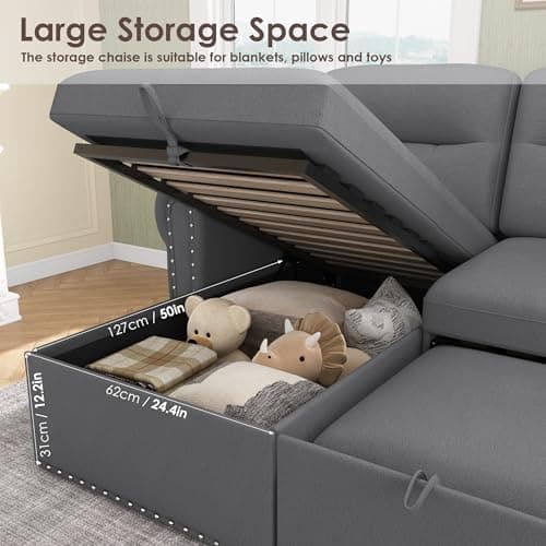 Dark Grey Velvet Reversible Sleeper Sofa Bed with Storage Chaise & Nailhead Armrest