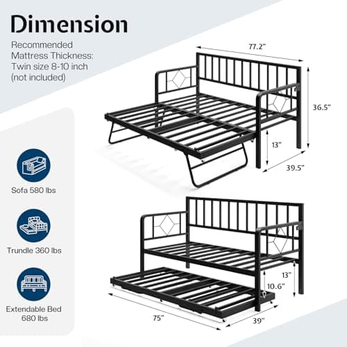 Jocisland Twin Daybed with Charging Station & LED Lights, Black