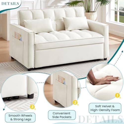 Convertible Sleeper Sofa Bed for Small Living Rooms, Beige Velvet Loveseat Futon Couch with Pullout Bed