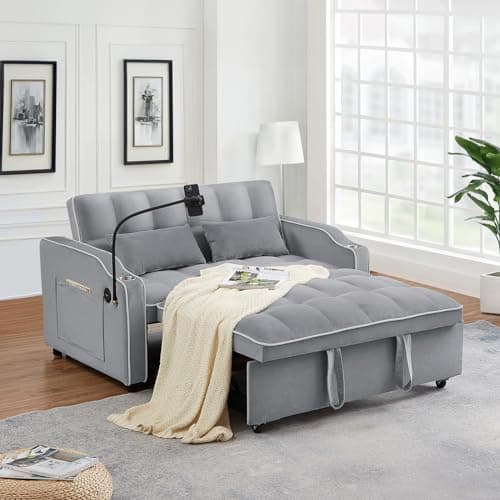 Light Grey Convertible Velvet Pull Out Sofa Bed with Phone Holder