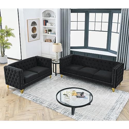 80-inch Sofa + 58-inch Loveseat Set, Modern Velvet Couch with Gold Nail Details and Black Legs