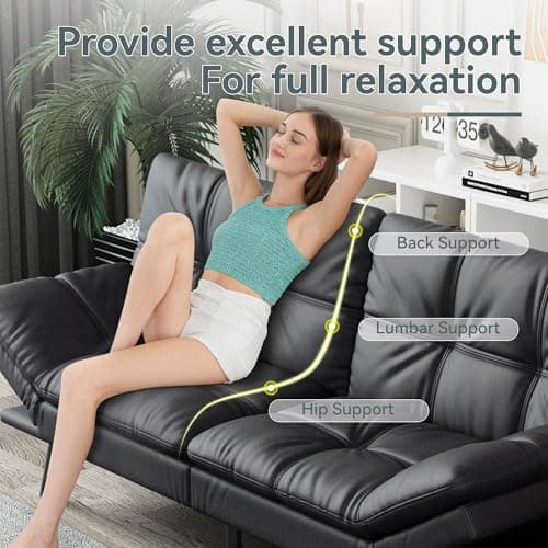 Black Faux Leather Futon Sofa Bed with Memory Foam & Adjustable Backrest