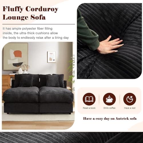 Antetek Black Corduroy Double Chaise Lounger Couch