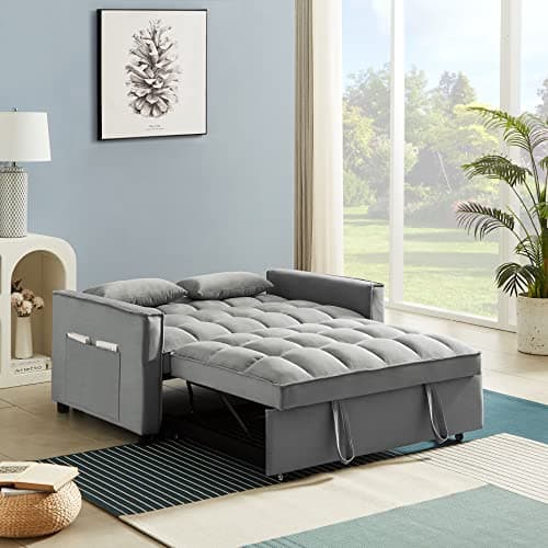 Modern Velvet 3-in-1 Sleeper Sofa Bed Love Seat with Reclining Backrest, Pillows, Pockets for Living Room Apartment