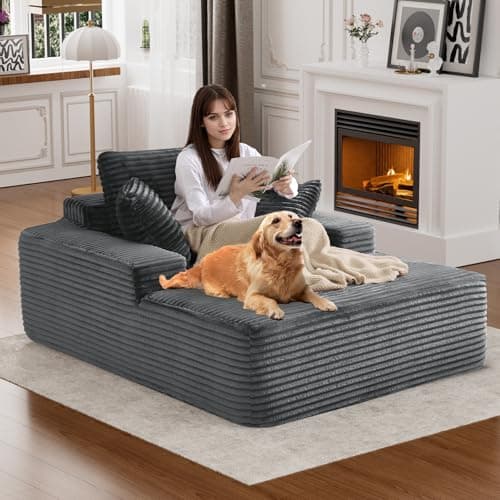 Oversized Dark Gray Faux Fur Chaise Lounge Chair with Recliner & Throw Pillows