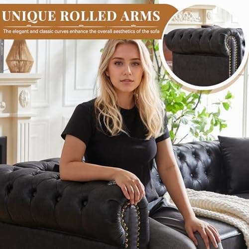 Modern Black Faux Leather Chesterfield Love Seat Sofa, 63.5-Inch With Rolled Arms and Tufting