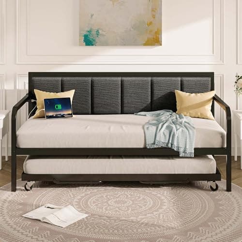 Rolanstar Height Adjustable Grey Daybed with USB Charging Station and LED for Living Room and Bedroom