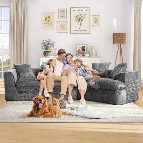 Oversized Curved Corner Sofa, 3 Seater Modern Blue Couch with 5 Throw Pillows