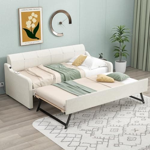 Twin Size Upholstered Daybed with Trundle - Dark Grey | Ultimate Guest Bed with Tufted Back and Piping Detail for Bedroom | No Box Spring Needed  
Twin Size Upholstered Daybed with Trundle - Dark Grey | Perfect Sofa Bed for Guest Room with Button Bac
