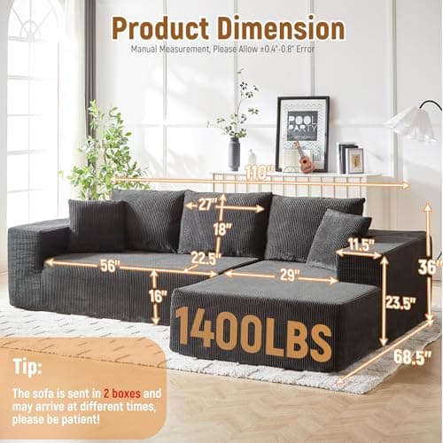 Oversized Corduroy Chaise Lounge Chair Sofa, 110" Fluffy Modular Sleeper