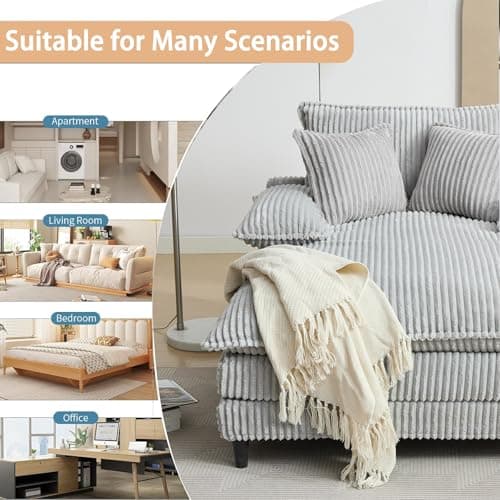 55” Grey Corduroy Comfort Chaise Lounge with 3 Throw Pillows (4-Position Adjust)