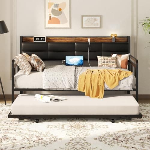 Homieasy Rustic Brown Twin Daybed with Trundle & Charging Station