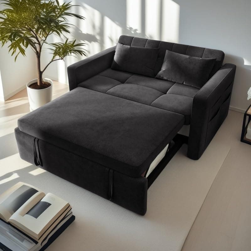 YITAHOME 55" Convertible Sofa Bed, Black Full Size Reclining Velvet Sleeper