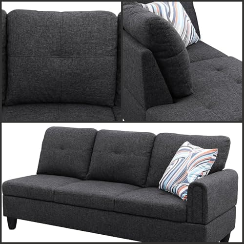 L-Shaped Couch with Chaise, 6 Seat Modern Living Room Sectional in Black/Grey with Storage