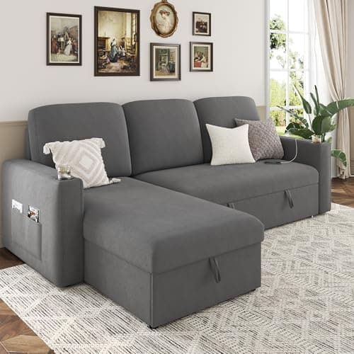 Keyluv 87" Reversible L-Shaped Sofa Bed with Storage & Charging Station, Dark Gray Velvet