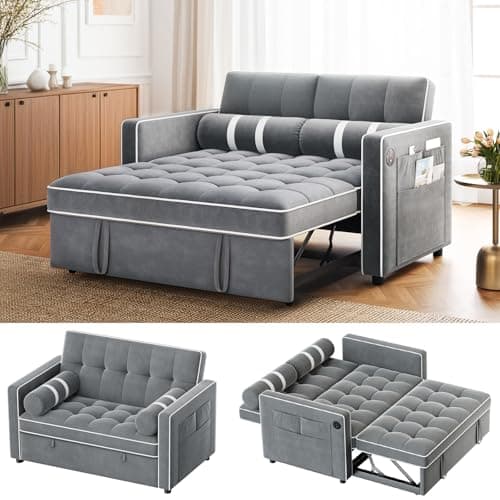Amada 3-in-1 Convertible Couch Bed, Living Room Futon with USB Pockets (Grey)