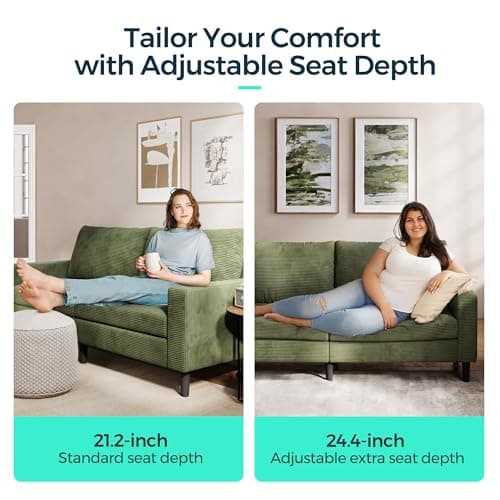 LINSY 79" Loveseat Sofa - Green Corduroy with Adjustable Seat and Spring Cushion