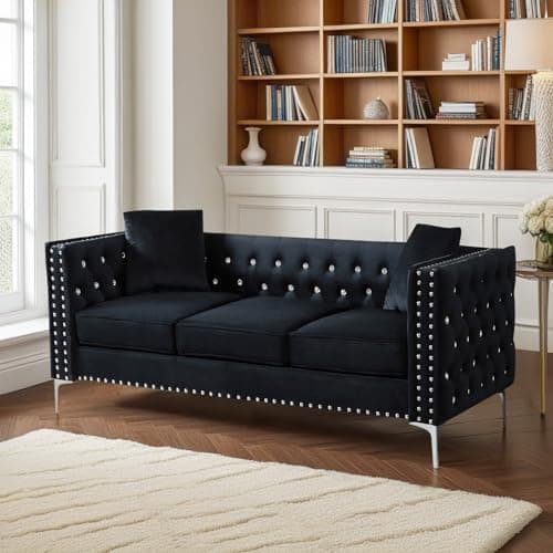 Modern Velvet Sofa Couch, 82 Inch Upholstered 3 Seater with Crystal Buttons and Pillows for Living Room, Apartment, Office - Black