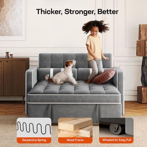 Amada 3-in-1 Convertible Couch Bed, Living Room Futon with USB Pockets (Grey)