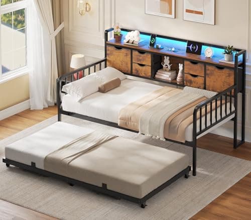 ADORNEVE Height Adjustable Metal Twin Day Bed with Storage and Charging Station, Living Room and Bedroom Daybed for Kids and Adults, Black  
ADORNEVE Twin Day Bed with Trundle and Storage Headboard, Perfect for Kids and Adults in Bedroom and Guest Ro