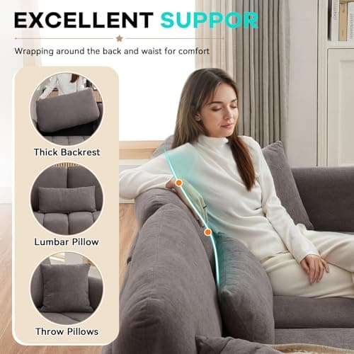 80-inch Grey Cloud Couch, Soft Chenille 3-Seater Sofa with Throw Pillows