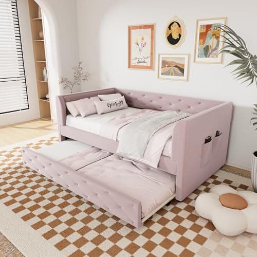 Merax Beige Upholstered Velvet Pop-Up Daybed with Backrest & Armrest