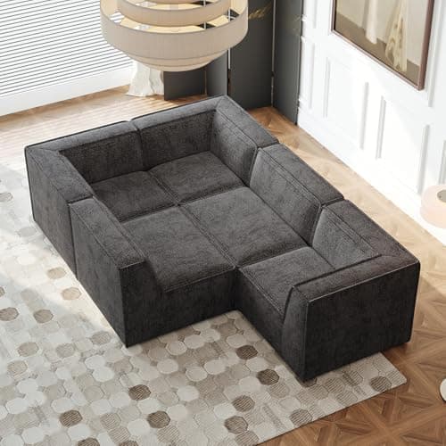 Antetek Oversized Sectional Couch, L-Shaped Modern Comfy Chenille Fabric Floor Foam Compression Modular Sectional Sofa, Couch and Loveseat Sets for Living Room Office, 5 Seater, Black
