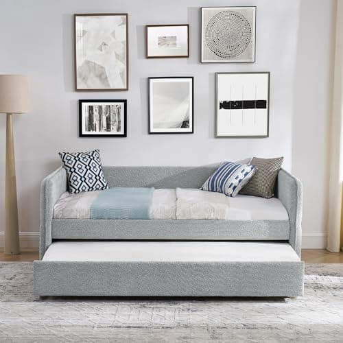 Twin Size Daybed with Trundle, Boucle Fabric, Grey, Easy Assembly