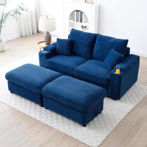 Modern Upholstered Blue Chaise Longue with Cup Holders & Storage Ottoman