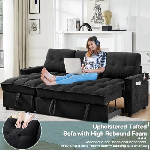 Reversible L-Shaped Sleeper Sofa Couch, Black with Storage & USB Ports