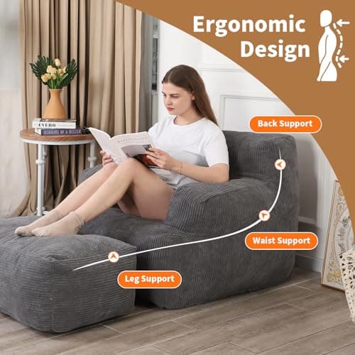 Bean Bag Sofa Chair with Ottoman and Throw Pillow for Adults