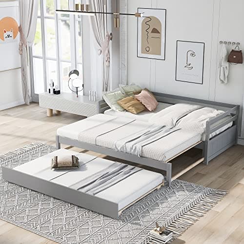 Merax Modern Extending Daybed with 2 Pop-Up Trundle Beds Twin to King Grey