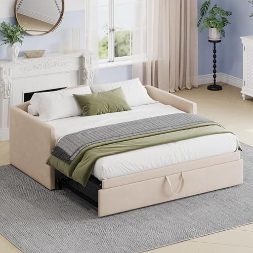 Blue Velvet Upholstered Daybed with Trundle and Backrest