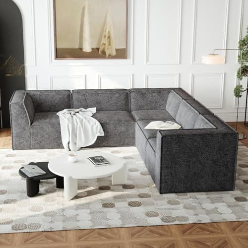 Antetek Oversized Sectional Couch, L-Shaped Modern Comfy Chenille Fabric Floor Foam Compression Modular Sectional Sofa, Couch and Loveseat Sets for Living Room Office, 5 Seater, Black