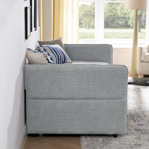 Twin Size Daybed with Trundle, Boucle Fabric, Grey, Easy Assembly