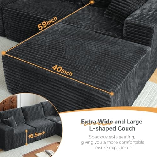 108" L-Shaped Cloud Couch, Grey, No Assembly Required