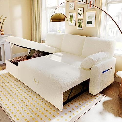 Offwhite Sherpa L-Shaped Pull Out Sofa Bed with Storage