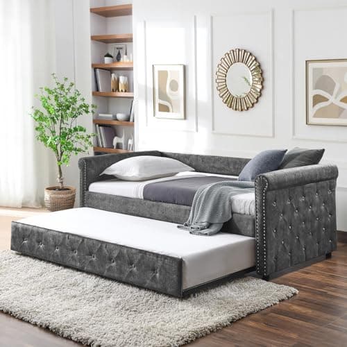 Antetek Grey Fabric Button-Tufted Twin Daybed with Trundle Sofa