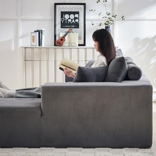 3 Seater Grey L Shaped Modular Sofa with Chaise & 5 Pillows for Living Room