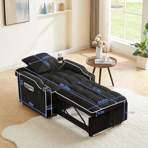 Convertible Sleeper Sofa Chair with USB and Cup Holders - Velvet Daybed for Guests