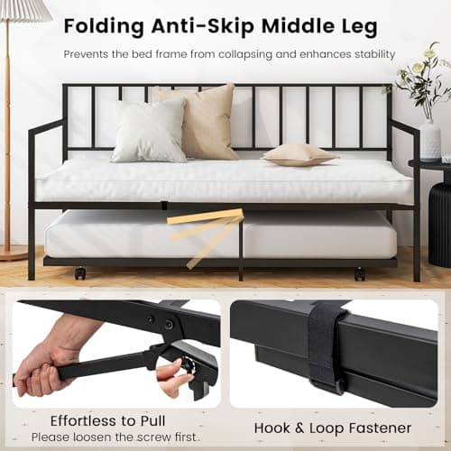 Giantex Black Metal Twin Day Bed with Pullout Trundle & Lockable Casters